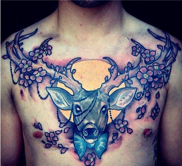 一幅胸口彩色羚羊纹身图案图片