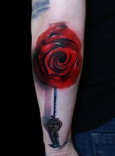 手臂玫瑰钥匙纹身图案图片
