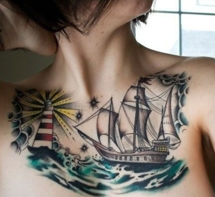 胸部彩色的帆船图案纹身推荐图片