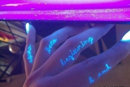 手指头上漂亮的英文荧光字母纹身图片