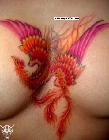 性感美女双胸部中间性感的凤凰纹身效图片