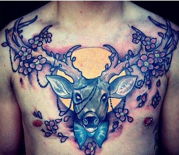 男生胸口彩色羚羊纹身图图片