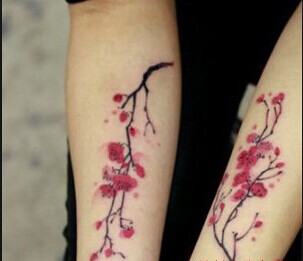 MM手臂唯美的彩色梅花纹身图案图片