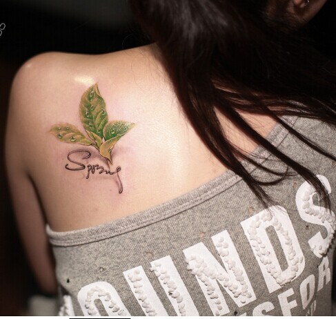 漂亮女生肩部唯美绿叶英文纹身图片