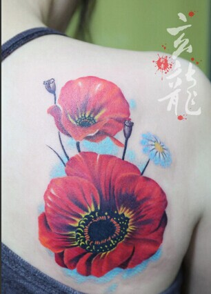 女生肩背唯美漂亮的大红花卉纹身图图片