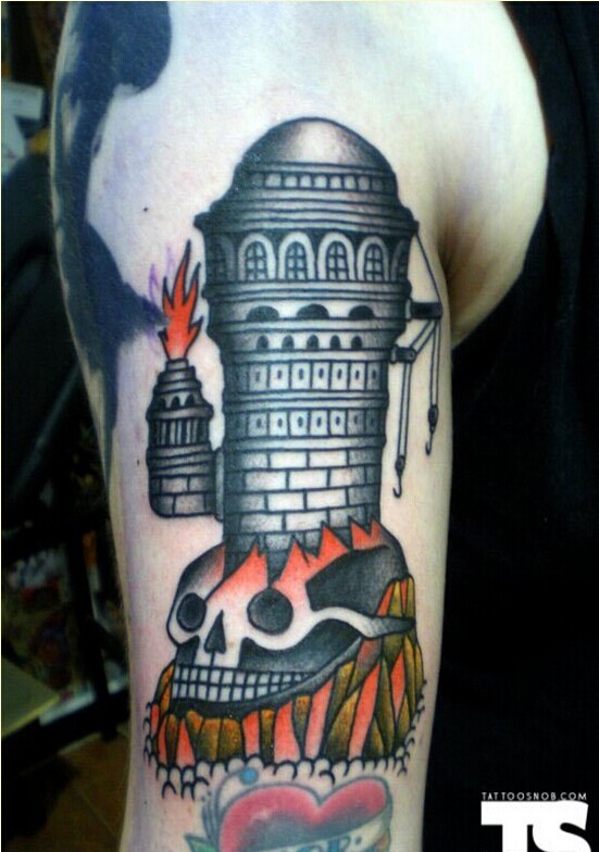 胳膊个性骷髅头高塔纹身图案图片