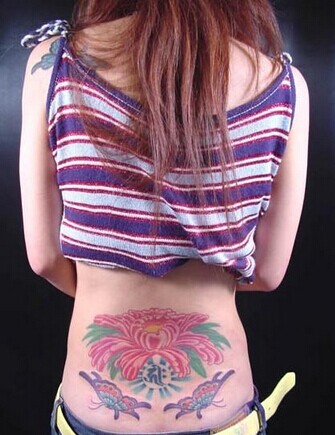 漂亮女生腰部唯美花朵蝴蝶纹身图图片