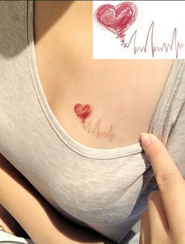 带红色爱心图案的心电图纹身图片
