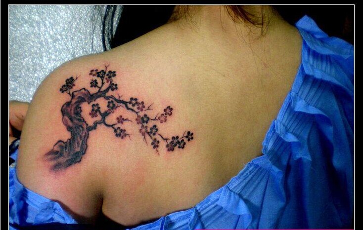 女生肩部经典漂亮的梅花风景树纹身图图片
