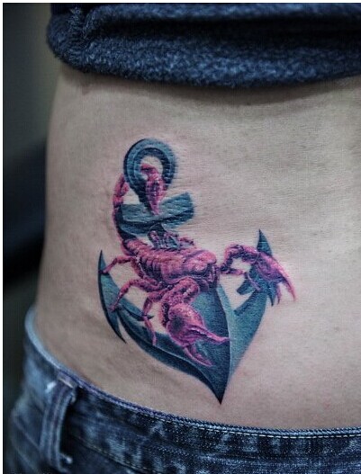 腰部彩色蝎子铁锚纹身图案图片
