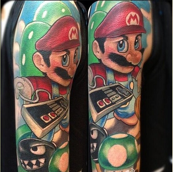 个性手臂彩色马里奥纹身图案图片