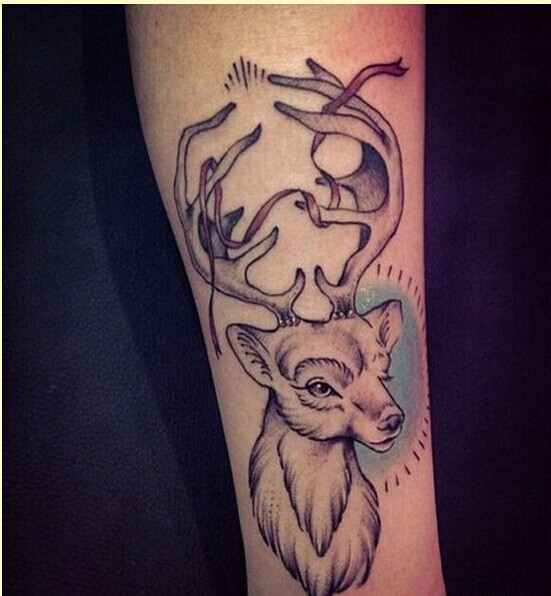 个性手臂黑灰羚羊纹身图案图片