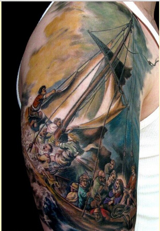 个性时尚手臂写实海浪纹身图案图片