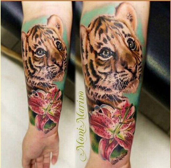 个性手臂时尚彩色老虎纹身图案推荐图片