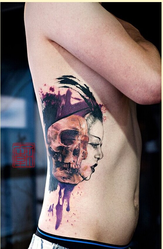 时尚侧腰个性骷髅头纹身图案图片