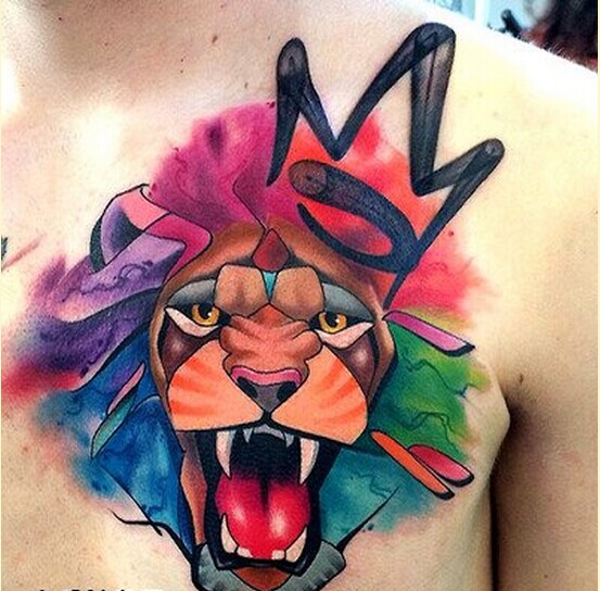 个性胸口时尚彩色泼墨狮子座纹身图案图片