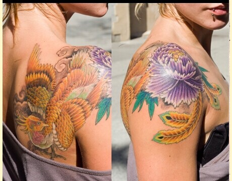 国外美女肩膀漂亮牡丹凤凰纹身图片图片