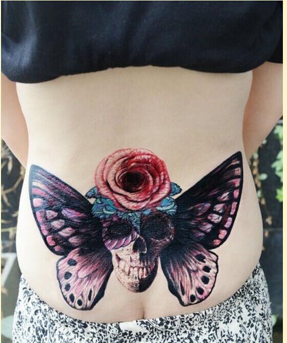 时尚女性后腰蝴蝶骷髅头玫瑰花纹身图图片