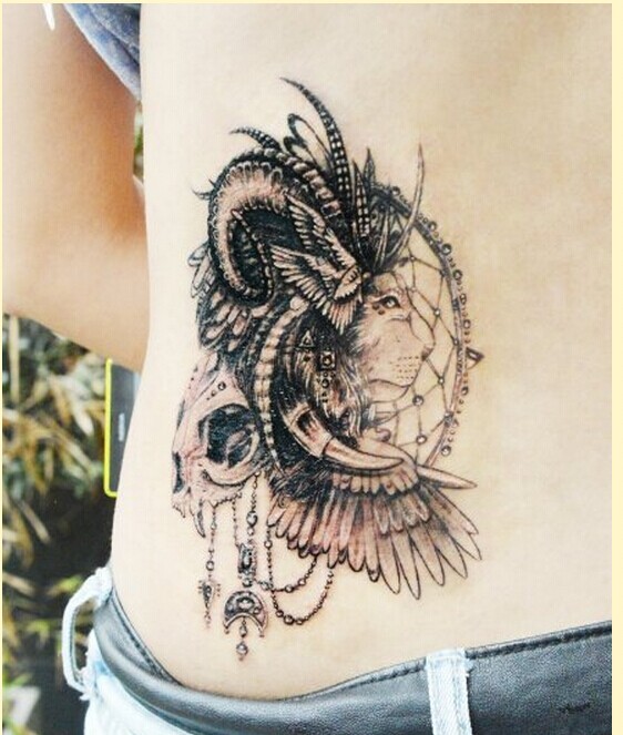 个性腰部时尚羚羊狮子捕梦网纹身图片图片