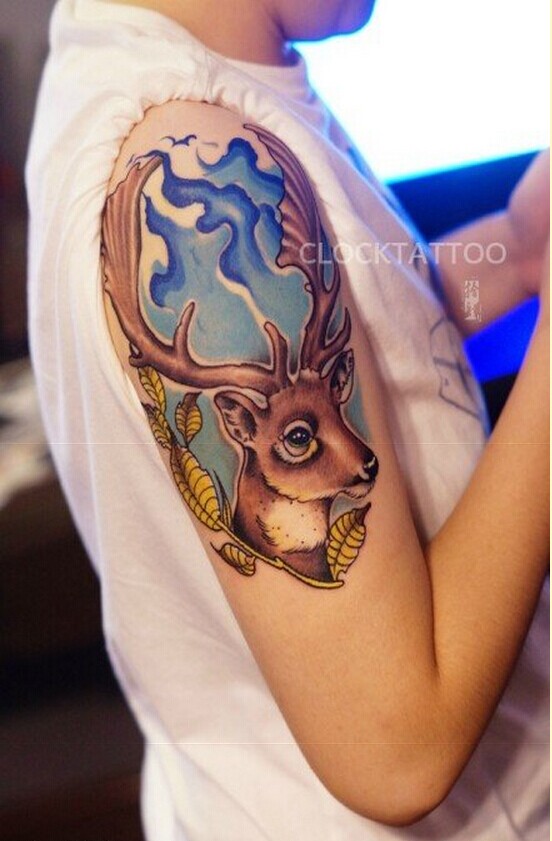 个性手臂时尚泼墨彩色羚羊纹身图片图片