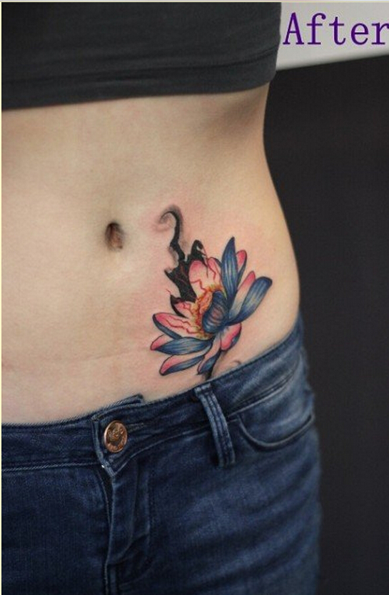 时尚女性腹部漂亮莲花纹身图案图片