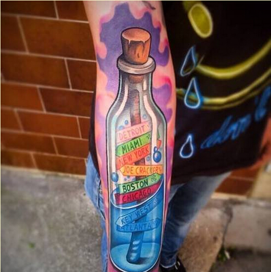 个性手臂时尚彩色漂流瓶纹身图案图片