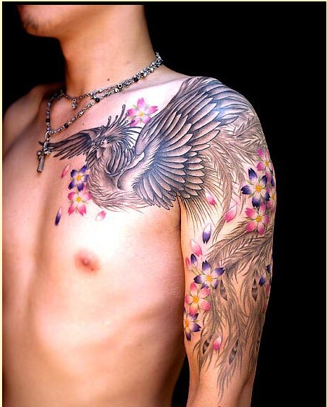 个性时尚男性披肩凤凰樱花纹身图案图片