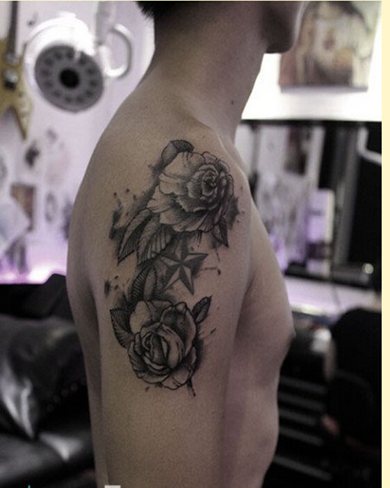 个性男性手臂时尚黑灰玫瑰花纹身图案图片