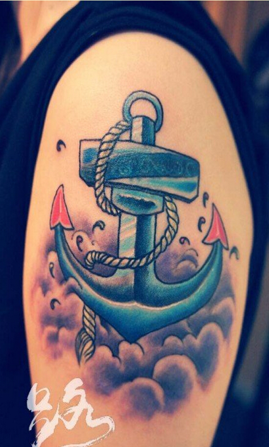 时尚手臂漂亮好看的彩色船锚纹身图片图片