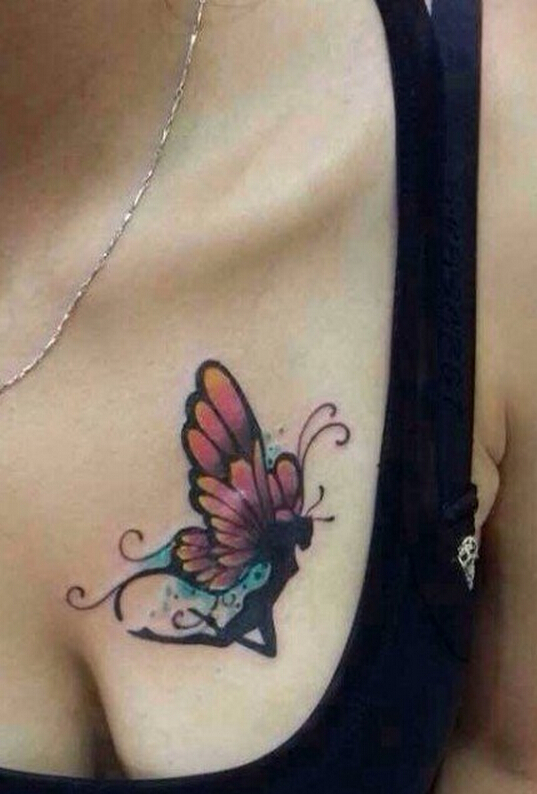 性感女性胸部好看的彩色精灵纹身图案图片