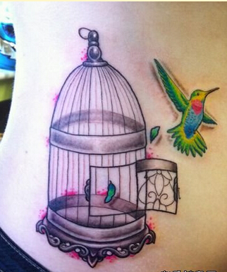 女孩子腰部漂亮好看的小蜂鸟与鸟笼纹图片