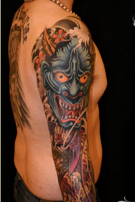 个性时尚花臂般若莲花鲤鱼纹身图案图片