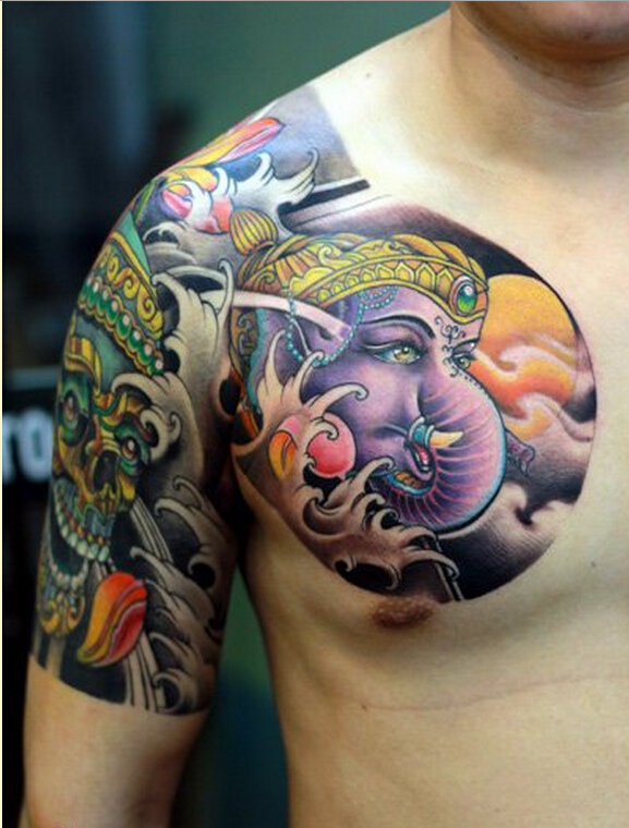 个性时尚半胛彩色象神嘎巴拉纹身图案图片