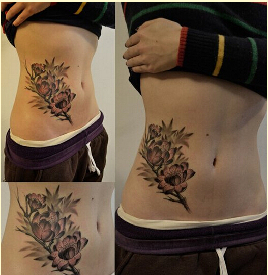 时尚美女腹部唯美漂亮的莲花纹身图案图片