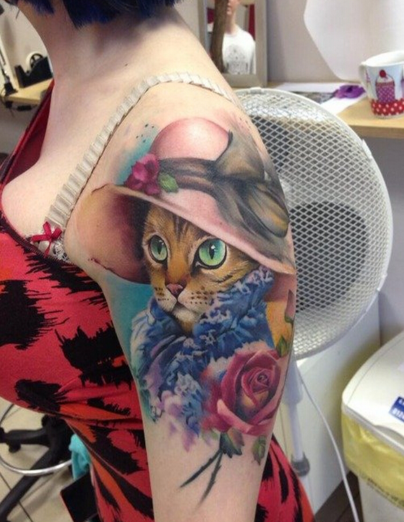 女性胳膊漂亮好看的彩色猫咪纹身图案图片