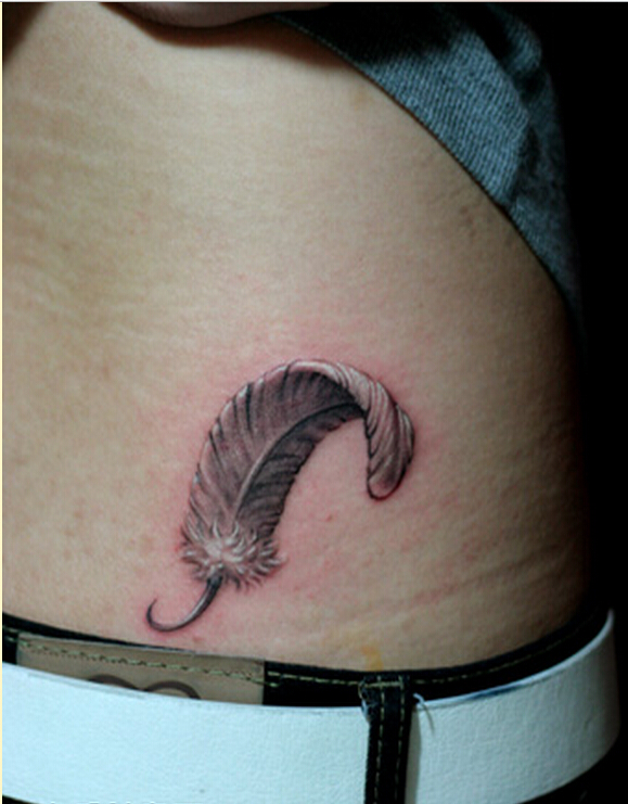 个性时尚腹部好看的黑白羽毛纹身图案图片