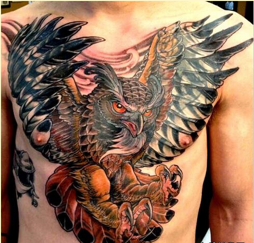 个性男性胸口时尚好看的猫头鹰纹身图图片