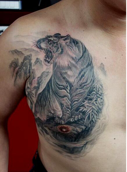 个性男性胸部超霸气的老虎纹身图案  图片