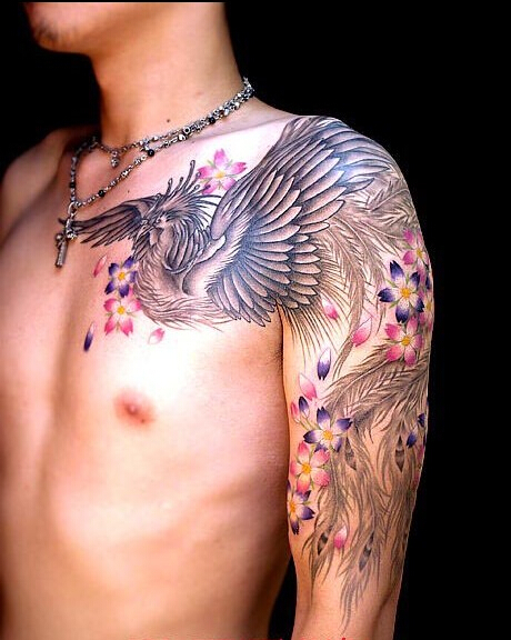 个性时尚男性披肩好看的凤凰樱花纹身图片