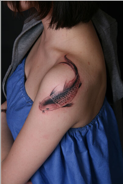 美女肩膀唯美时尚好看的鲤鱼纹身图案图片
