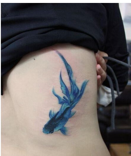 美女侧腰漂亮好看的彩色小金鱼纹身图图片