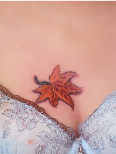 性感美女胸口精美好看的枫叶纹身图案图片
