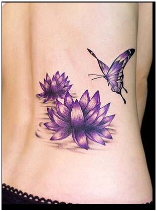 美女后腰精美漂亮好看的蝴蝶莲花纹身图片