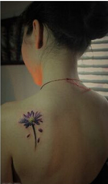 女孩子肩背精美好看的彩色小邹菊纹身图片