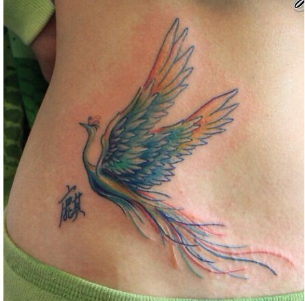 腰部漂亮时尚好看的彩色小鸟凤凰纹身图片
