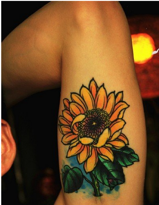 手臂内侧精美时尚彩色向日葵纹身图案图片