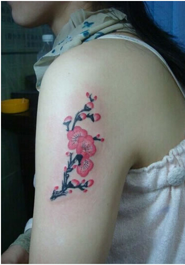 美女臂膀上唯美漂亮好看的梅花纹身图图片