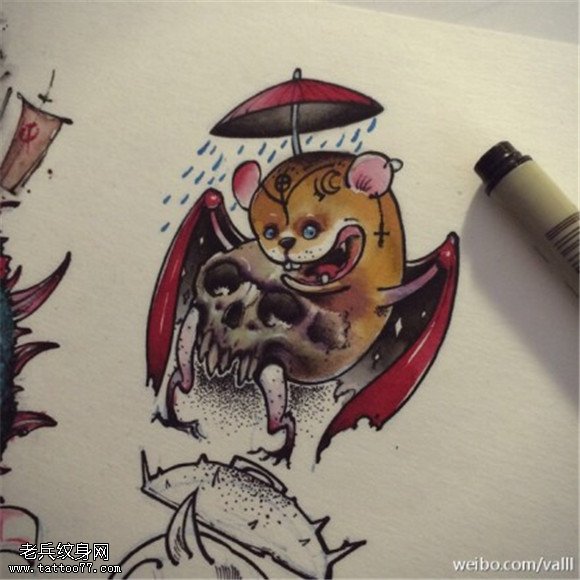 彩色蝙蝠骷髅纹身手稿图案