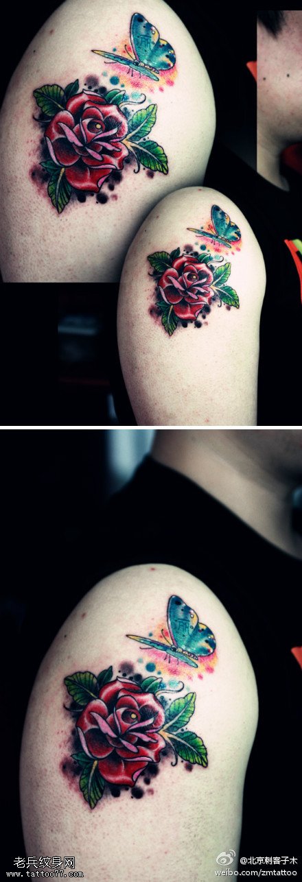 鲜艳唯美蝶恋花纹身图案