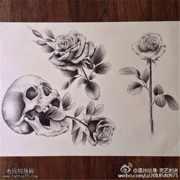 黑灰玫瑰骷髅纹身手稿图片